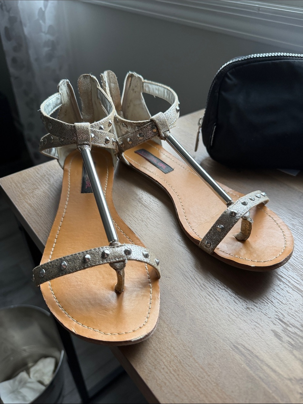 Material Girl Metallic Gold Studded T-Strap Sandals